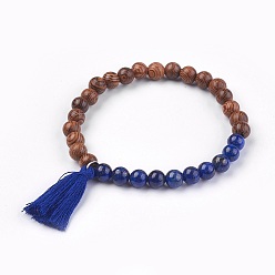 Lapis Lazuli Natural Lapis Lazuli Stretch Bracelets, with Wood Beads and Cotton Thread Tassel, 2-1/8 inch(5.5cm)