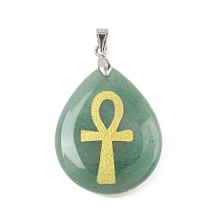 Зеленый Авантюрин Подвески-кресты из натурального зеленого авантюрина с гравировкой по золоту, подвески-слезинки с латунными скобами для крепления на стойке, без кадмия и без свинца, платина, 31x25x5~7 мм, отверстие : 4.5x4 мм