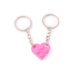 Hot Pink Love Heart Building Blocks Keychain, Separable Jewelry Gifts Couples Friendship Keychain, with Alloy Findings, Hot Pink, Pendant: 2.5x2.7x8cm, Ring: 3cm
