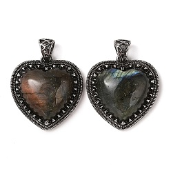 Labradorite Natural Labradorite Pendants, Heart Charms, with Rack Plating Antique Silver Tone Brass Findings, Cadmium Free & Lead Free, 28.5x27x9mm, Hole: 7x5mm