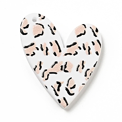 Pêche Pendentifs acryliques imprimés, coeur avec motif imprimé léopard, peachpuff, 34x28x2mm, Trou: 1.5mm