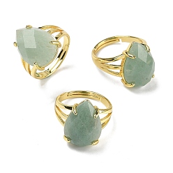 Зеленый Авантюрин Латунные манжеты с открытыми кольцами, с естественной зеленый авантюрин, слеза, граненые, стойки покрытие, долговечный, золотые, 18 мм