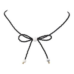 Black Glass Seed Pendants Necklaces for Women, Bowknot, Black, 15.94 inch(40.5cm)