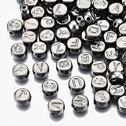 Gunmetal CCB Plastic Beads, Horizontal Hole, Flat Round with Letter, Gunmetal, 7x4mm, Hole: 1.8mm, about 3300pcs/500g