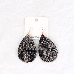 Black snake skin pattern Leather Double-sided Embossed Drop-shaped Earrings for Fashionable and Personalized Look