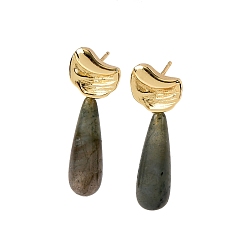 Лабрадорита Серьги-гвоздики с каплевидной формой из натурального лабрадорита, с латунной фурнитурой и 925 булавками из стерлингового серебра, золотые, 34.5x11.5 мм