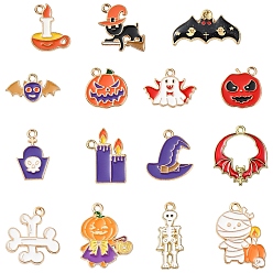 Mixed Shapes 15 шт 15 стили подвески из сплава эмали, Хэллоуин тема, золотой свет, разнообразные, 11~26x14~23x1~2 мм, отверстие : 1.4~2 мм, 1 шт / стиль