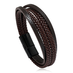 Brown-black 22cm Minimalist Braided Leather Magnetic Clasp Bracelet for Men - Retro and Trendy Design