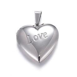 Stainless Steel Color 316 Stainless Steel Locket Pendants, Love Heart, Stainless Steel Color, 29x29x7mm, Hole: 9x5mm