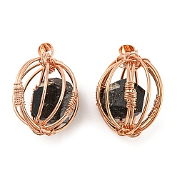 Tourmaline Natural Black Tourmaline Pendants, Ball Charms with Rack Plating Rose Gold Plated Brass Findings, Lead Free & Cadmium Free, 32.5~33.5x28.5~30.5x24~26.5mm, Hole: 8.5x5mm