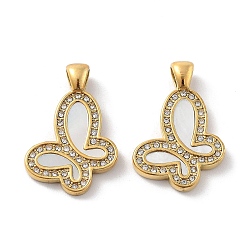 Butterfly Natural Shell Pendants, with Ion Plating(IP) 304 Stainless Steel Rhinestone Findings, Real 14K Gold Plated, Butterfly, 18x21x2mm, Hole: 4x3mm