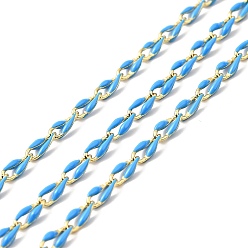 Dodger Blue Brass Enamel Curb Chains, Soldered, with Spools, Real 18K Gold Plated, Dodger Blue, 7x3x1.7mm