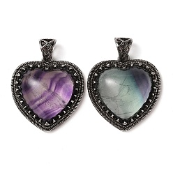 Fluorite Natural Fluorite Pendants, Heart Charms, with Rack Plating Antique Silver Tone Brass Findings, Cadmium Free & Lead Free, 28.5x27x9mm, Hole: 7x5mm