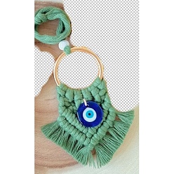 Dark Sea Green Handmade Macrame Cotton Thread with Turkish Glass Evil Eye Wall Hanging Ornament, with Metal Ring, Dark Sea Green, 50mm