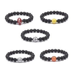 Mixed Patterns Natural Lava Rock & Synthetic Hematite & Acrylic Beaded Stretch Bracelet, Essential Oil Gemstone Jewelry for Men Women, Mixed Patterns, Inner Diameter: 2-1/8 inch(5.5cm)