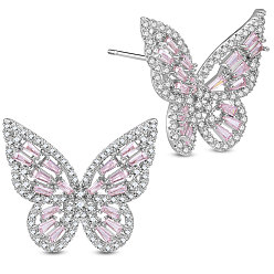 Platinum SHEGRACE Brass Stud Earrings, with Grade AAA Cubic Zirconia and 925 Sterling Silver Pins, Butterfly, Platinum, 22.19x24.56mm
