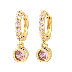 Pink Латунные серьги-кольца с микропаве из кубического циркония, круглые, реальный 18 k позолоченный, розовые, 15x14x2.5 мм