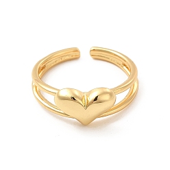 Real 18K Gold Plated Rack Plating Brass Heart Open Cuff Ring for Valentine's Day, Cadmium Free & Lead Free, Real 18K Gold Plated, US Size 8 1/2(18.5mm)