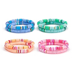 Mixed Color Handmade Polymer Clay Heishi Beads Stretch Bracelets Set, Stackable Surfering Bracelets for Women Girl, Mixed Color, Inner Diameter: 2~2-1/8 inch(5~5.3cm), 2pcs/set