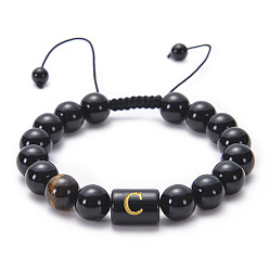 C Natural Black Agate Beaded Bracelet Adjustable Women's Handmade Alphabet Stone Strand Jewelry