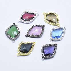 Mixed Color Brass Micro Pave Cubic Zirconia Links, with Glass, Faceted, teardrop, Mixed Color, 27x18x4.5mm, Hole: 1.4mm