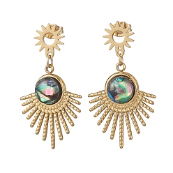 Золотой Серьги-гвоздики с подвесками из ракушек пауа, С 304 результатами из нержавеющей стали, вентилятор, золотые, 38x20.5 мм