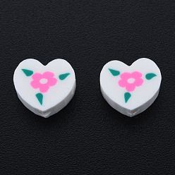 White Handmade Polymer Clay Beads, Heart with Flower, White, 9~9.5x10~10.5x4.5~5mm, Hole: 1.6mm