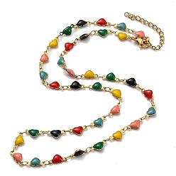 Colorful Ion Plating(IP) Golden 304 Stainless Steel Heart Link Chain Necklaces, with Enamel, Colorful, 17.72~17.91 inch(45~45.5cm)