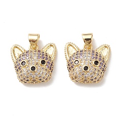 Lilac Brass Micro Pave Cubic Zirconia Pendants, Real 16K Gold Plated, Dog Charms, Lilac, 16x17x6.5mm, Hole: 5x3mm.