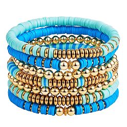 Dodger Blue Synthetic Hematite & Polymer Clay Heishi Beads Stretch Bracelets Set, Golden Plated Round Beads Bracelets for Women, Dodger Blue, Inner Diameter: 2-1/4 inch(5.7cm), 7pcs/set