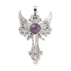 Amethyst Natural Amethyst Big Pendants, Cross with Wing Charms, with Platinum Plated Brass Findings, 52.5x32x7~7.5mm, Hole: 4x8mm & 2mm