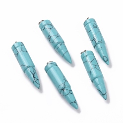Synthetic Turquoise Synthetic Turquoise Pointed Pendants, with 201 Stainless Steel Split Rings, Bullet, Stainless Steel Color, 42~46x10mm, Hole: 5mm