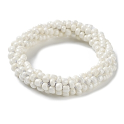 White Crochet Glass Beads Braided Stretch Bracelet, Nepel Boho Style Bracelet, White, Inner Diameter: 1-3/4 inch(4.5cm)