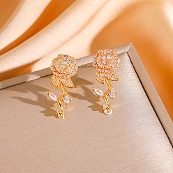 Платина День святого Валентина 304 Серьги-гвоздики из нержавеющей стали и прозрачного кубического циркония, цветок розы, с фурнитурой латунной для серег, платина, 30 мм