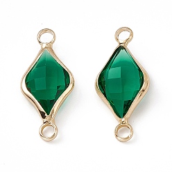 Fern Green Transparent K9 Glass Connector Charms, with Light Gold Plated Brass Findings, Faceted, Rhombus Links, Fern Green, 22x10x4.5mm, Hole: 2mm