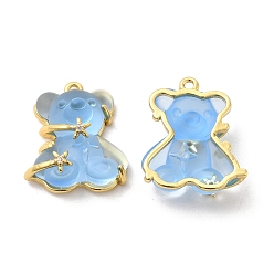 Deep Sky Blue Transparent Resin Crystal Rhinestone Pendants, Bear Charms, with Rack Plating Real 14K Gold Plated Brass Findings, Long-Lasting Plated, Cadmium Free & Lead Free, Deep Sky Blue, 23.5x20.5x8mm, Hole: 1.5mm