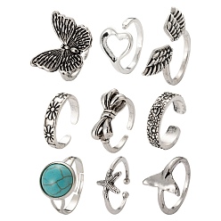 Antique Silver 9Pcs 9 Style Adjustable Alloy Finger Rings, Bowknot & Heart & Flat Round & Starfish & Fishtail & Flower & Wings & Butterfly & Wide Band Rings, Antique Silver, US Size 5(16mm)~US Size 7(17mm), 1pc/style