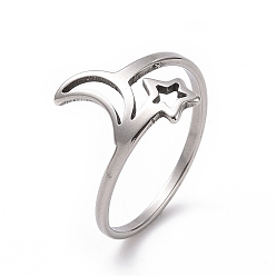 Stainless Steel Color 201 Stainless Steel Moon & Star Finger Ring, Hollow Wide Ring for Women, Stainless Steel Color, US Size 6 1/2(16.9mm)