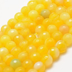 Yellow Faceted Natural Striped Agate/Banded Agate Beads Strands, Round, Dyed & Heated, Yellow, 10mm, Hole: 1.5mm, about 38pcs/strand, 14.76~14.96 inch(37.5~38cm)