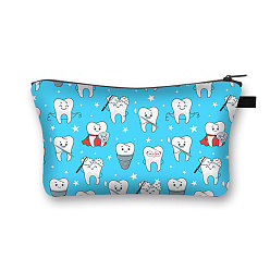 Cyan Cartoon Tooth Print Polyester Cosmetic Zipper Bag, Clutch Bags Ladies' Large Capacity Travel Storage Bag, Cyan, 21.5x13cm