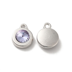 Lavender Alloy Pendant, with Glass, Platinum, Lead Free & Cadmium Free, Falt Round Charm, Lavender, 12.5x10x4mm, Hole: 1.5mm