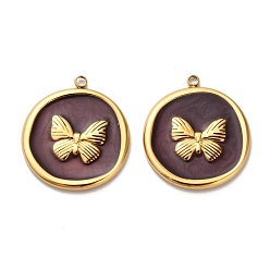 Индийский Красный 304 подвески из нержавеющей стали, плоские круглые с бабочкой, с эмалью, реальный 18 k позолоченный, ионное покрытие (ip), Индийская красная, 27x24x2 мм, отверстие : 1.8 мм