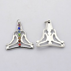 Platinum Yoga Jewelry Colorful Human Brass Glass Rhinestone Chakra Pendants, Platinum, 36x33x3mm, Hole: 4mm