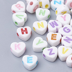 Mixed Color Craft Style Acrylic Beads, Horizontal Hole, Heart with Initial Letter, Mixed Color, 7x7.5x4mm, Hole: 1.6mm, about 3500pcs/500g