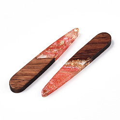 Salmon Transparent Resin & Walnut Wood Pendants, with Gold Foil, Teardrop Charms, Waxed, Salmon, 44x7.5x3.5mm, Hole: 1.5mm