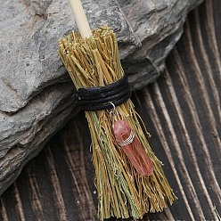 Pink Mini Witch Wiccan Altar Broom with Dyed Natural Crystal  Wand, Halloween Healing Wiccan Ritual Decor, Pink, 150x25mm
