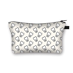 White Cartoon Tooth Print Polyester Cosmetic Zipper Bag, Clutch Bags Ladies' Large Capacity Travel Storage Bag, White, 21.5x13cm