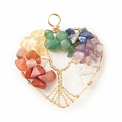 Light Gold Natural Gmestone Copper Wire Big Pendants, Natural Amethyst & Green Aventurine & Citrine & Lapis Lazuli & Red Jasper & Red Aventurine & Quartz Crystal, Mixed Dyed and Undyed, Heart with Tree, Light Gold, 53.5x46.5x8mm, Hole: 5.5mm