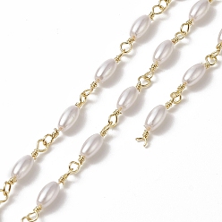 Golden Handmade Plastic Pearl Oval Beaded Chains, with Rack Plating Brass Findings, Unwelded, with Card Paper, Golden, 14~16x3mm