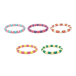 Mixed Color 5Pcs 5 Colors Column Polymer Clay Stretch Beaded Bracelets, with Golden Plated Brass Beads, Mixed Color, Inner Diameter: 2 inch(5.2cm), 1pc/color